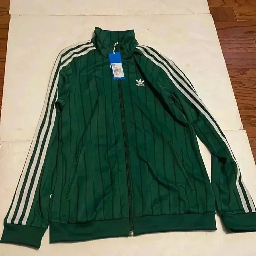 NWT Adidas green and white striped long sleeve front zip casual track top